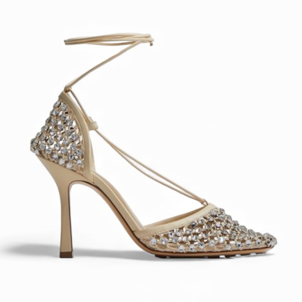 Bottega Veneta Sparkle Stretch Lace-Up Sandal
Rhinestone mesh